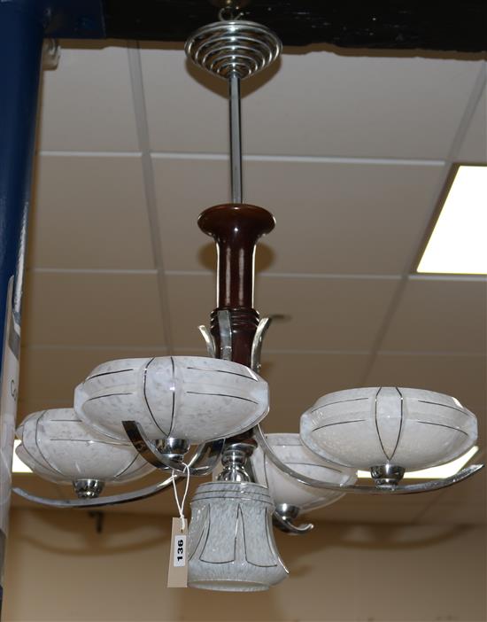 An Art Deco chrome and glass four branch five light ceiling light